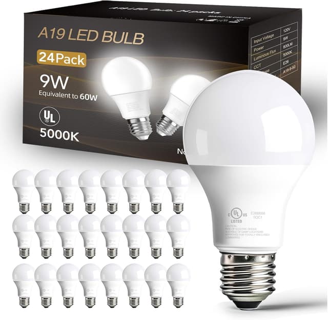 dalattin 24 Pack LED Bulbs Daylight White 5000K, 60 Watt Equivalent A19 Standard Bulbs, E26 Base, 800 LM, Efficient 9W Energy Saving, Non-Dimmable, 80+ CRI, 120V, UL Listed, for Living Room, Office image